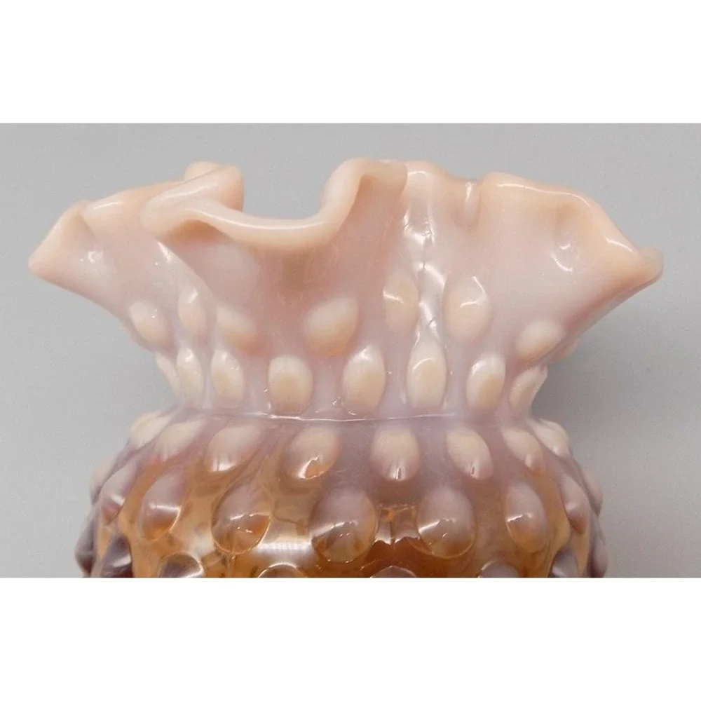 Vintage Fenton Caramel Rose Brown Hobnail Bowl Vase Signed Milk Glass Peach